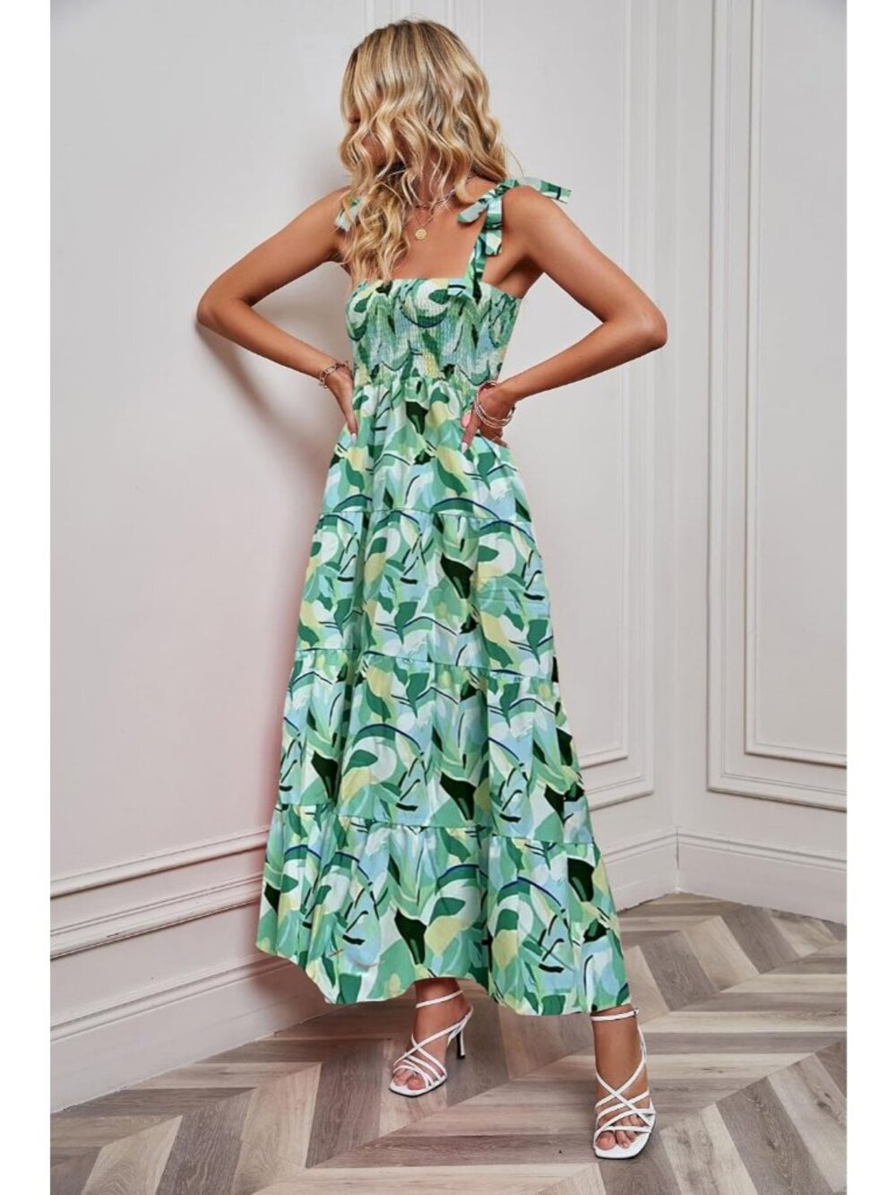 Women's Green Floral Sleeveless Square Neck Ruffle Flowy Imported Maxi Dress - Picture 2 of 5